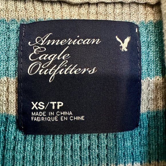 American Eagle Cardigan Top V-Neck Waffle Knit Teal Blue and Gray Striped Sz XS - Picture 3 of 6
